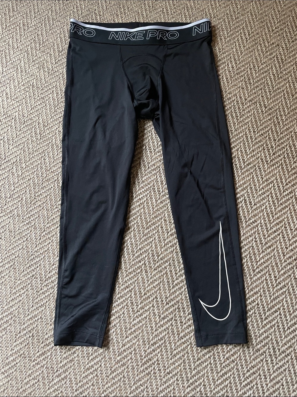 Nike Youth Black compression running, basketball Tights with White Swoosh size M
